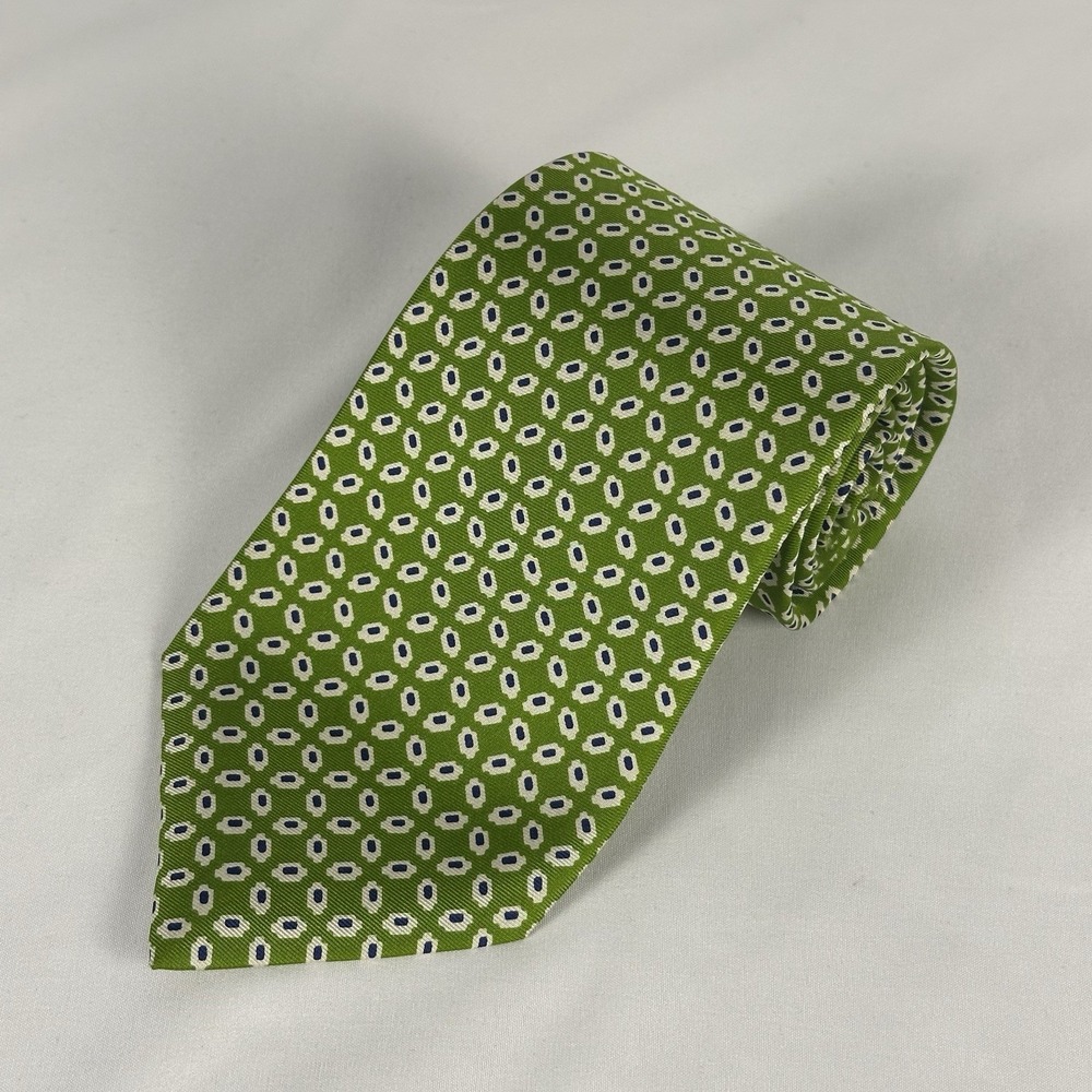 Huntington Silk Tie Vintage Green White Spot Geometric Made In USA 3.75" W 56" L